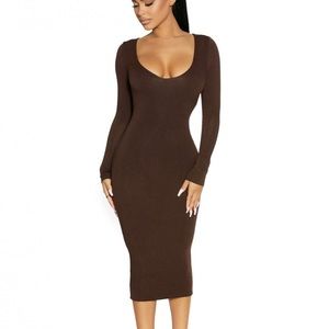 Dark chocolate hue body hugging midi dress w/ a deep v-neckline & fitted sleeves